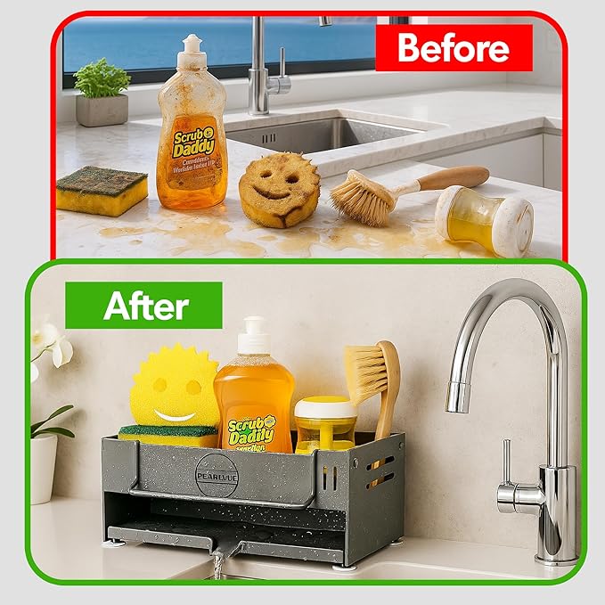 Sink Caddy Organizer - Rustproof 304 Stainless Steel Kitchen Countertop Organizers and Storage Essentials - Multi-Purpose Pull-Out Storage Organizers for Bathroom & Kitchen (GREY)