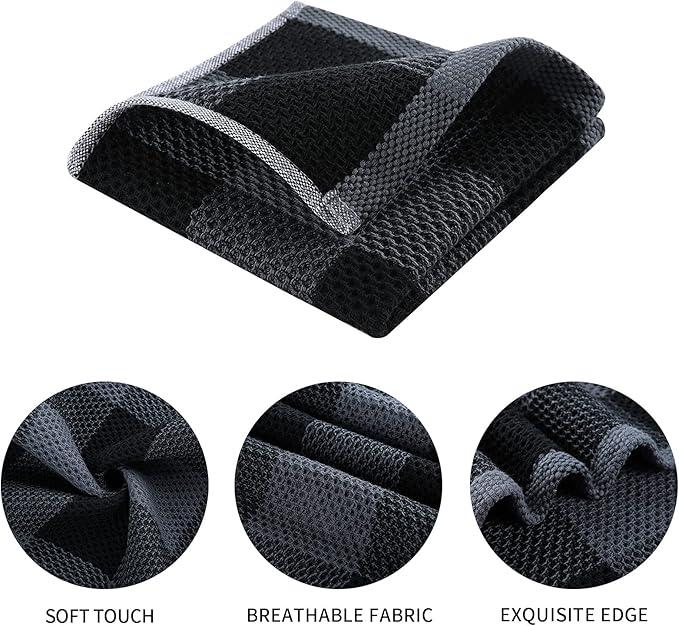 Mordimy 100% Cotton Waffle Weave Plaid Dish Cloths, 12 x 12 Inches, Super Soft and Absorbent Quick Drying Buffalo Check Dish Rags for Kitchen, 12-Pack, Black & Grey