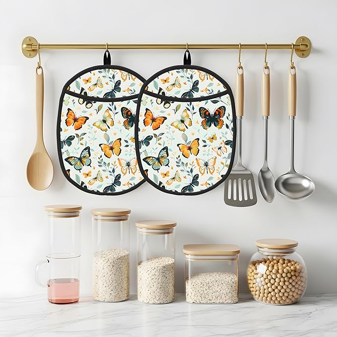 Butterfly Silicone Pot Holders Set of 2, Heat Resistant up to 500°F, Non-Slip Kitchen Hot Pads with Pocket and Soft Quilted Cotton Lining for Baking, Cooking and Hot Pots
