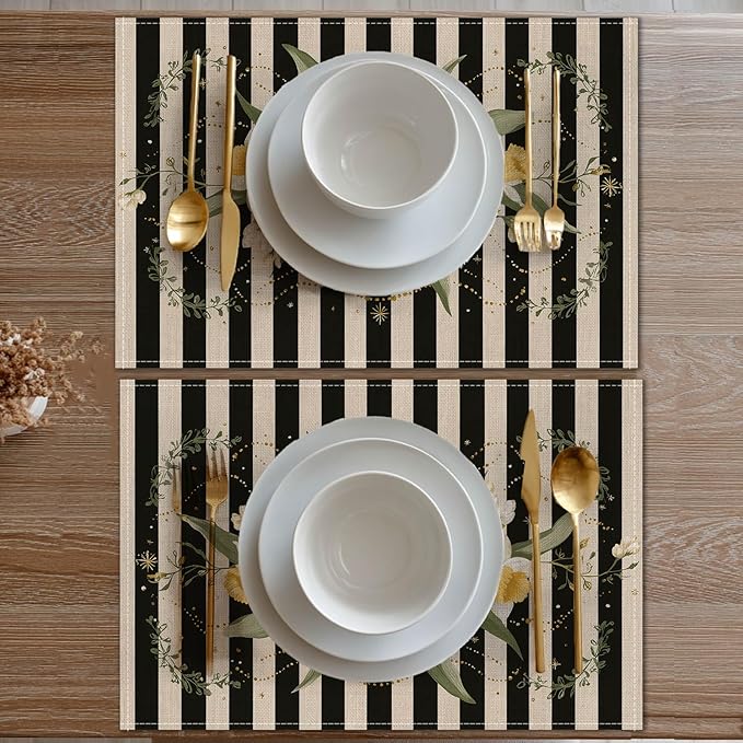 HOMETITUTE Floral Placemats Set of 4 Linen 12x18 Inch Washable Table Mats Black and White Stripes with Daffodil Flowers Decorative Table Placemats Set of 4 Farmhouse Kitchen Dining Everyday Decor