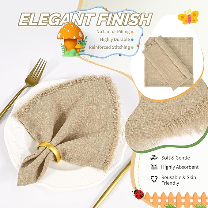 Showgeous 60 Pack Caramel Cloth Napkins with Fringe 16x16 inch 100% Cotton Caramel Napkins Handmade Dinner Napkins Bulk Washable Soft Rustic Table Napkins for Wedding Parties Bridal Baby Shower
