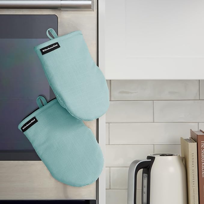 KITCHENAID Gourmet Series Gridlines Mini Oven Mitts 2-Pack Set, Heat Resistant up to 600°F, Soft Silicone Grip, Magnetic Cuff, Mineral Water Aqua, 5.5"x9"
