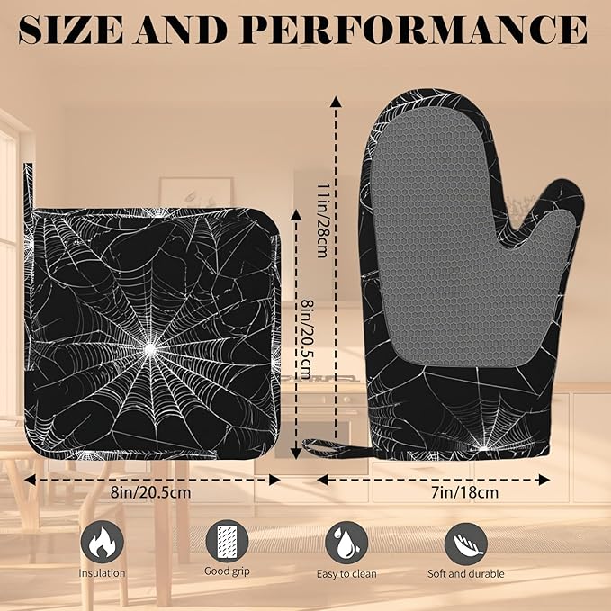 Spider Web Oven Mitts and Pot Holders Sets Silicone Kitchen Mitts Potholders Heat Resistant Oven Gloves Hot Pads for Kitchen Baking Cooking