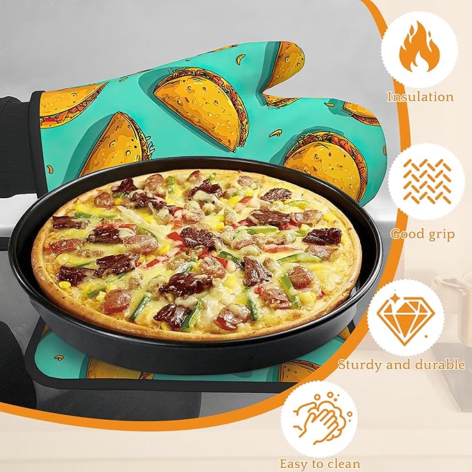 Mexican Taco Oven Mitts and Pot Holders Set,Kitchen Oven Gloves and Pot Holder with Heat Resistant Non Slip for Cooking Baking Grilling(4 Piece Set)