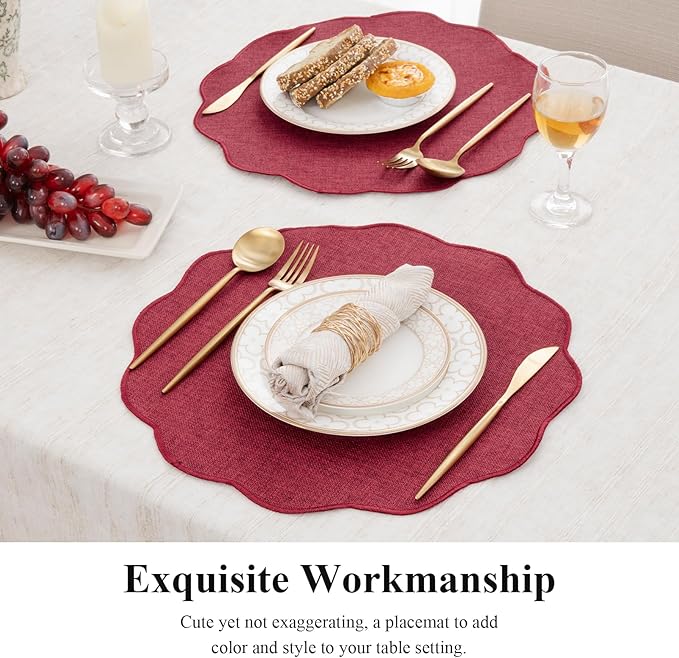 SHACOS Scalloped Round Placemats Set of 6 Polyester Linen Blend 15 inch Washable Non Slip Place Mats Easy Clean Heat Resistant Table Mats for Kitchen Dining Table Decor, Red