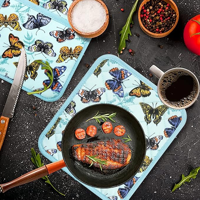 Pot Holders Set of 2 Heat Resistant 480℉ Kitchen 100% Cotton Comfortable Lining Printing Butterfly Flower Women Men Home Cooking Baking Microwave BBQ Gift (Butterfly potholders)