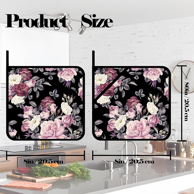 Vintage Rose Peony Pot Holders 2 PCS,Kitchen Heat Resistant Hot Pads for Cooking Grilling Baking BBQ, Pot Holders for Women Cook Home Microwave