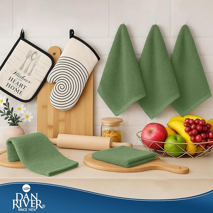 DAN RIVER Kitchen Bar Mops,Pack of 12,16 by 19 Inches,100% Cotton Super Absorbent,Multi-Purpose Cleaning Towels for Home and Kitchen Bars-Sage Green