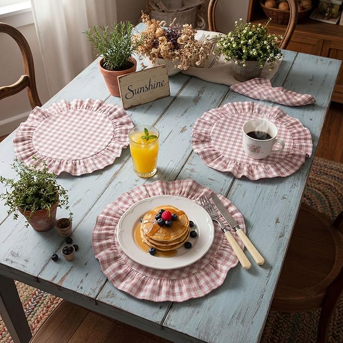 4 Pcs 15 Inch 100% Cotton Scalloped Round Placemats, Thin Light Pink Gingham Place Mats with Ruffle, Washable Placemats Table Mats for Kitchen Dining Holiday Gatherings Decor
