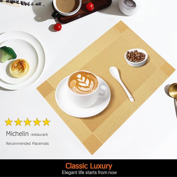Placemats Set of 8 Washable&Wipeable Place mats for Dining Table Kitchen Indoor Outdoor Table Mats Heat Resistant Non Slip Woven Vinyl Table Placemats (Gold，8PCS)