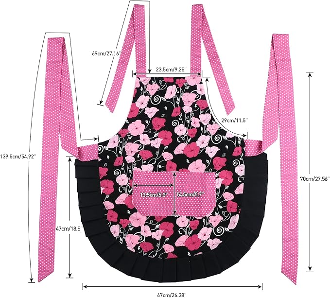 G2PLUS Cotton Kitchen Apron with Pocket, Adjustable Cooking and Baking Apron for Women, Floral Chef Apron for BBQ, Housewarming Gift, Farmhouse Kitchen Decor (Pink + Black)