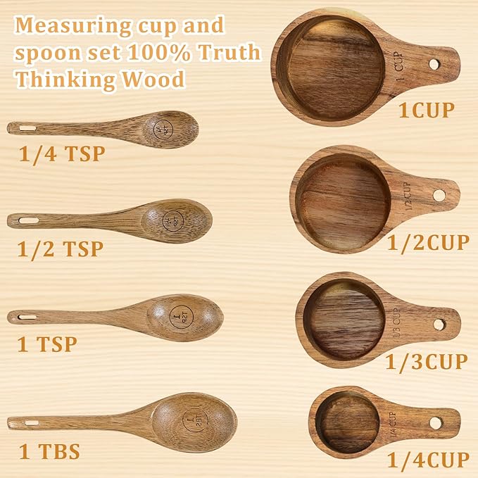Wooden Measuring Cups and Spoons Set - Eco-Friendly Solid Acacia Wood, Laser Engraved Measurements for Precision, Perfect for Baking & Cooking, Ideal Gift for Bakers, Chefs & Home Cooks (Brown)