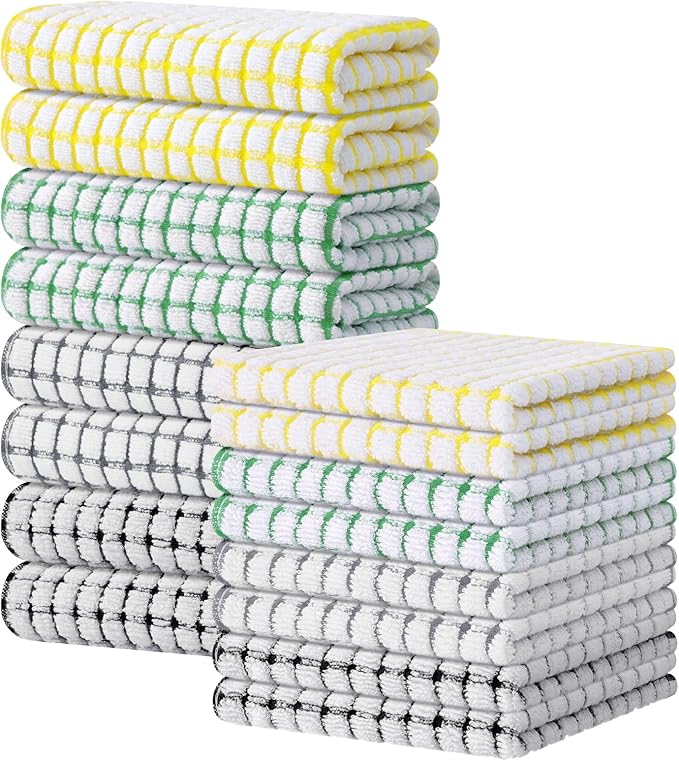 Kitinjoy Cotton 16 Pack Kitchen Towels and Dishcloths Sets, 16 x 25 Inch & 12 X 12 Inch Dish Towels Bulk, Super Soft and Absorbent Hand Towels for Kitchen Drying, Multi-Colored
