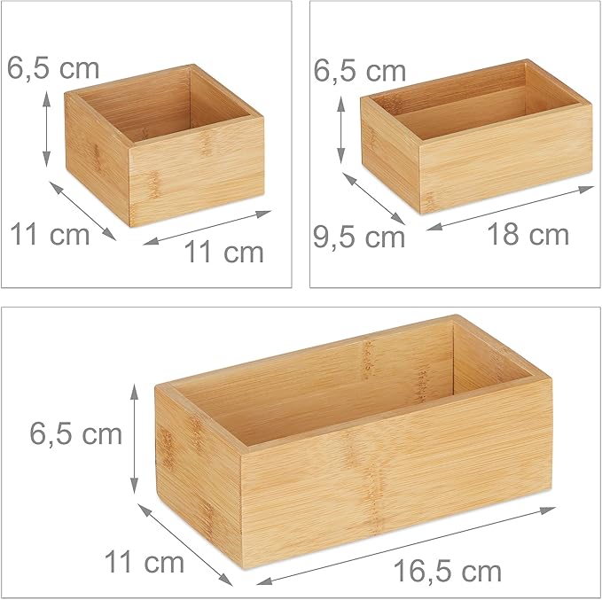 Relaxdays Organiser Boxes, Set of 5, Drawer Organiser System, Bamboo, Organiser, Kitchen, Bathroom & Office, Various Sizes, Natural
