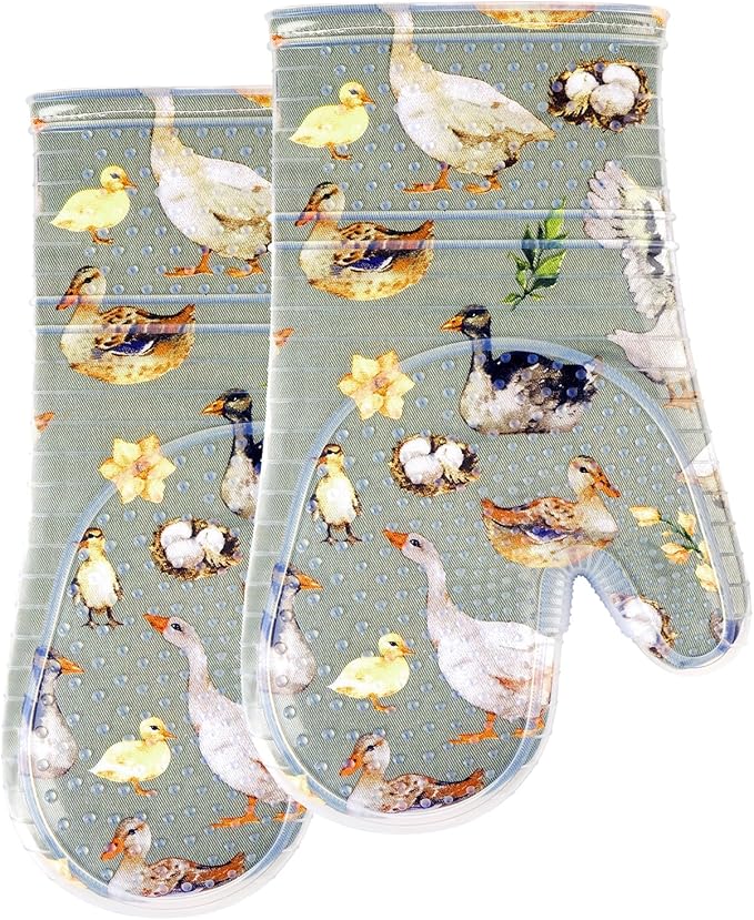 Oven Mitts Set of 2 with Transparent Clear Silicone Shell and Nice Duck Printing Cotton Lining, Heat Resistant to 500 F Kitchen Oven Gloves Pot Holder for Cooking (Wathet Blue, Oven Mitts)