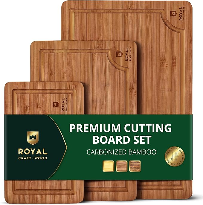 ROYAL CRAFT WOOD Wooden Cutting Boards for Kitchen Meal Prep & Serving - Bamboo Wood Serving Board Set with Deep Juice Groove Side Handles - Charcuterie & Chopping Butcher Block for Meat