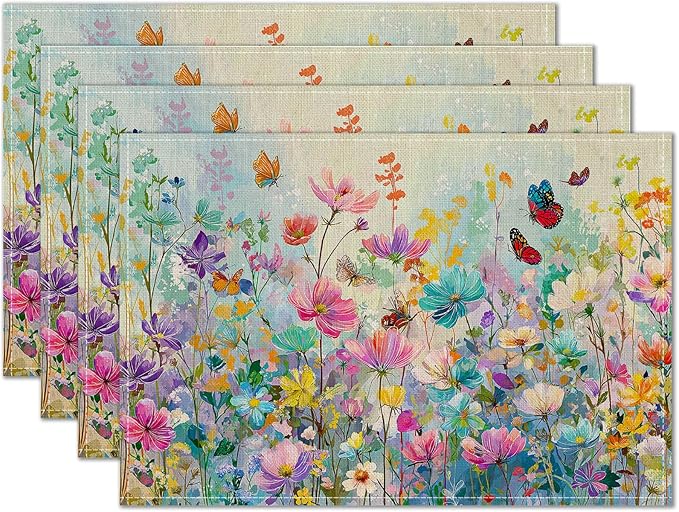 HOMETITUTE Placemats Set of 4 12x18 inch Spring Table Mats for Dining Table Floral Field Linen Placemats Farmhouse Decorations Kitchen Decor Desk Mat for Outdoor Home Party Kitchen Seasonal Dining