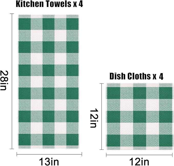 Homaxy Kitchen Towels and Dishcloths Set, 12 x 12 and 13 x 28 Inches, Set of 8 Bulk Cotton Waffle Weave Check Plaid Kitchen Towels, Super Soft and Absorbent Dish Towel, White & Dark Green