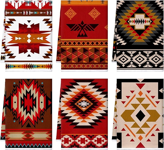 Bencailor 6 Pcs Aztec Kitchen Towels Decorative Sets Dish Towels Absorbent Fast Drying Hand Tea Vintage Hanging Reusable Cleaning Dishcloths for Cooking Farmhouse Bathroom Accessory