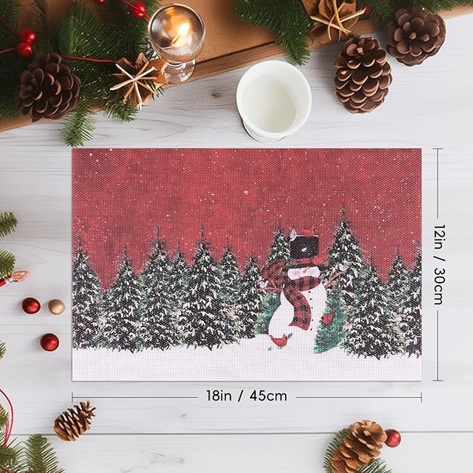 Aofmee Christmas Placemats Set of 6, Washable Christmas Place Mats for Party Kitchen Dining Decoration, Indoor/Outdoor Woven Vinyl Table Mats, Non-Slip Heat Resistant Holiday Placemats, Easy to Clean