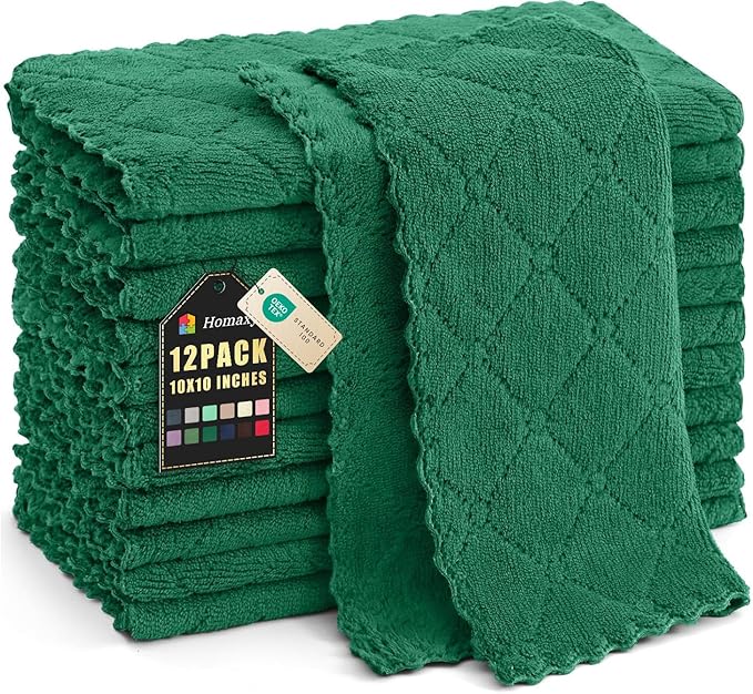 Homaxy 12 Pack Kitchen Dish Cloths (10 x 10 Inches, Dark Green), Super Soft and Absorbent Coral Velvet Dish Towels, Nonstick Oil Fast Drying Microfiber Cleaning Cloth, No Lint Household Dishcloths