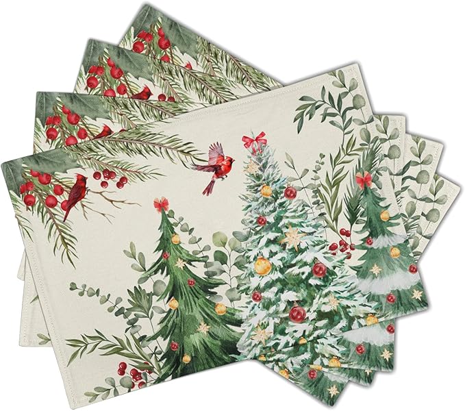 Christmas Placemats for Dining Table Set of 4, Watercolor Xmas Tree Red Bird Washable Non-Slip Heat Resistant Line Fabric Place Mats Winter Table Mats 12x18 Inch for Holiday Decor Party
