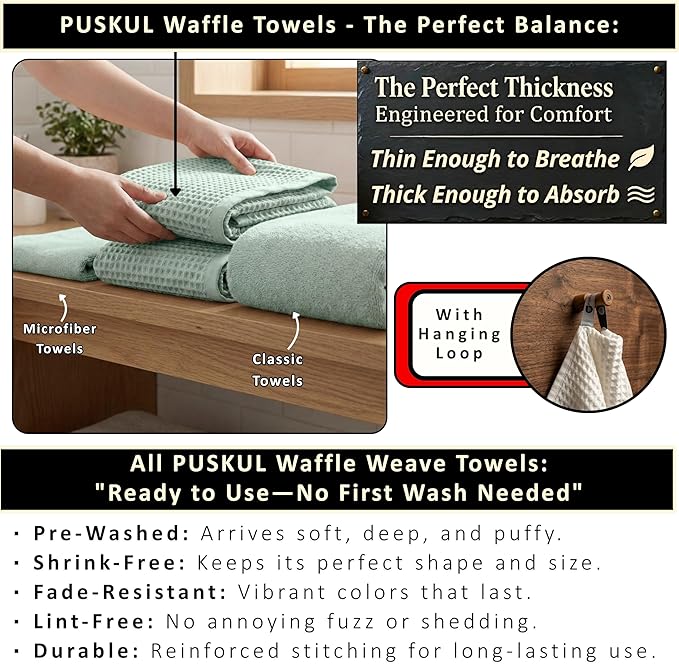 PÜSKÜL Natural 100% Turkish Cotton Waffle Bath Towels Set of 2-Piece | 32x63 inch Extra Large Absorbent Quick-Dry Lightweight Spa Towel | Luxury Sauna Accessories (Ice Green Bath Towels - Pack of 2)