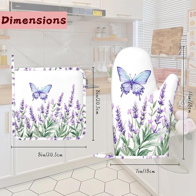 Lavender Heat-Resistant Silicone Oven Mitts and Pot Holders 4 Piece Set,Purple Butterfly Extra Long Non-Slip Kitchen Oven Gloves for Cooking, Baking, BBQ,Grilling