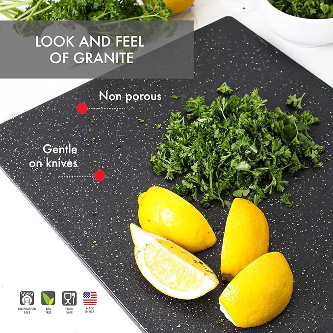 Dexas Superboard Cutting Board with Handle 8.5 x 11 inch Midnight Granite, Compact Kitchen Prep Board, Dishwasher Safe, Non-Porous Poly Surface, Made in USA