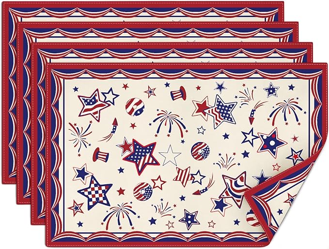 comfoyar America Stars 4th of July Placemats Set of 4, 12x18 Inch Non-Slip Linen Independence Day Place Mats, Washable Absorbent Table Mats for Kitchen Dining Party Table Decoration