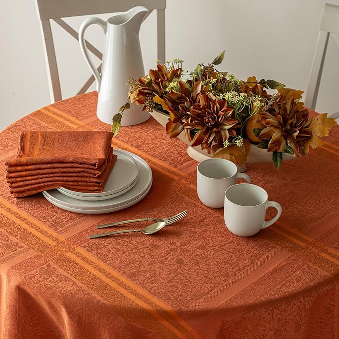 Benson Mills Ravenna Yarn Dyed Jacquard Heavyweight Fabric Table Cloth, Everyday, Parties, Weddings, Holiday, Fall and Thanksgiving Tablecloth (70" Round, Bison/Rust)