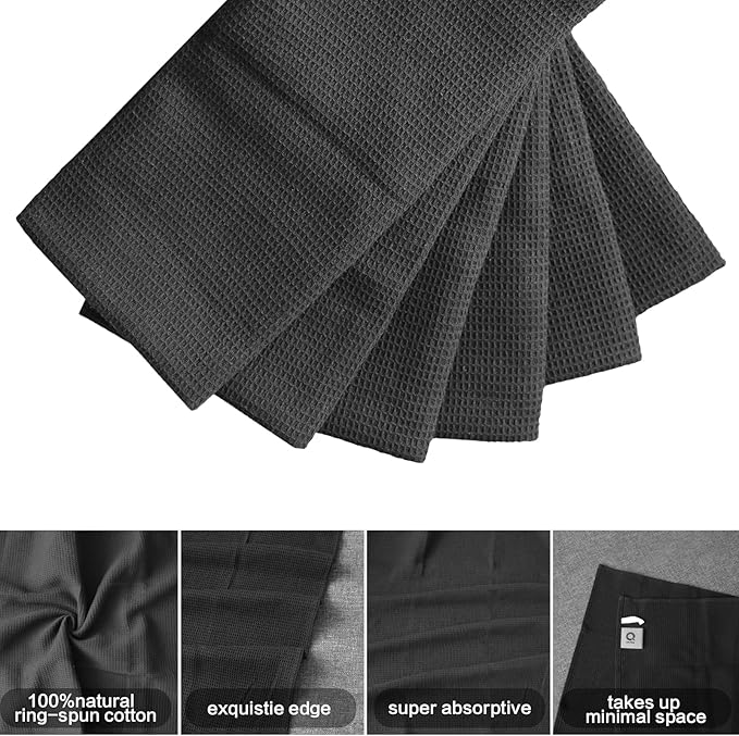 QUILTINA Dish Towels Set - 17 x 25 Inches 6 Pack Black 100% Cotton Waffle Weave Kitchen Towels, Ultra Soft Absorbent Quick Dish Towels for Kitchen Drying and Cleaning