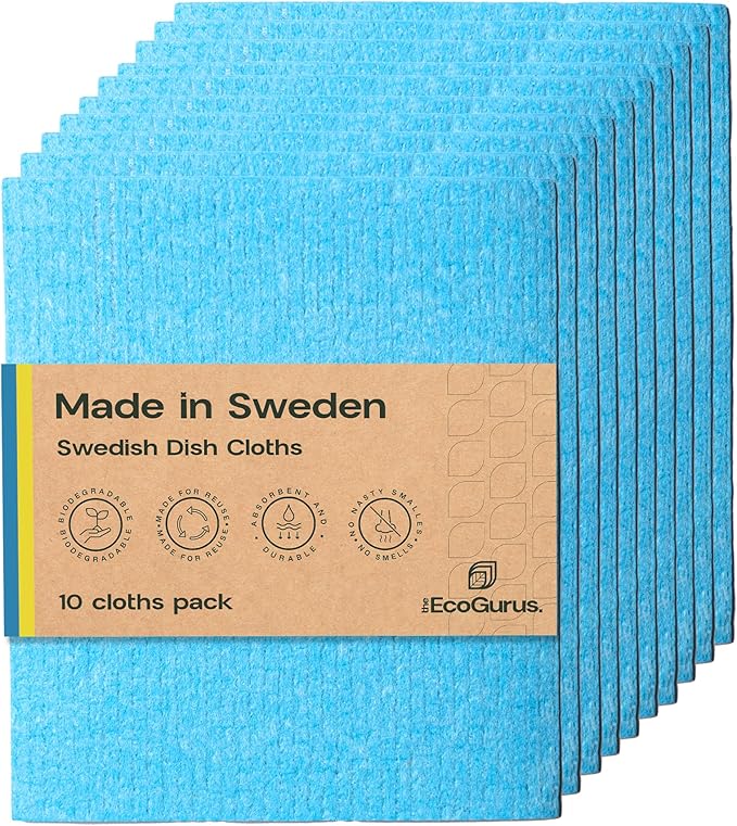 10 Pack Odour-Resistant Reusable Cleaning Cloths | Original Swedish Dishcloth | Made in Sweden | Suitable for All Surfaces | Biodegradable Cellulose Sponge | Kitchen & Bathroom | Blue