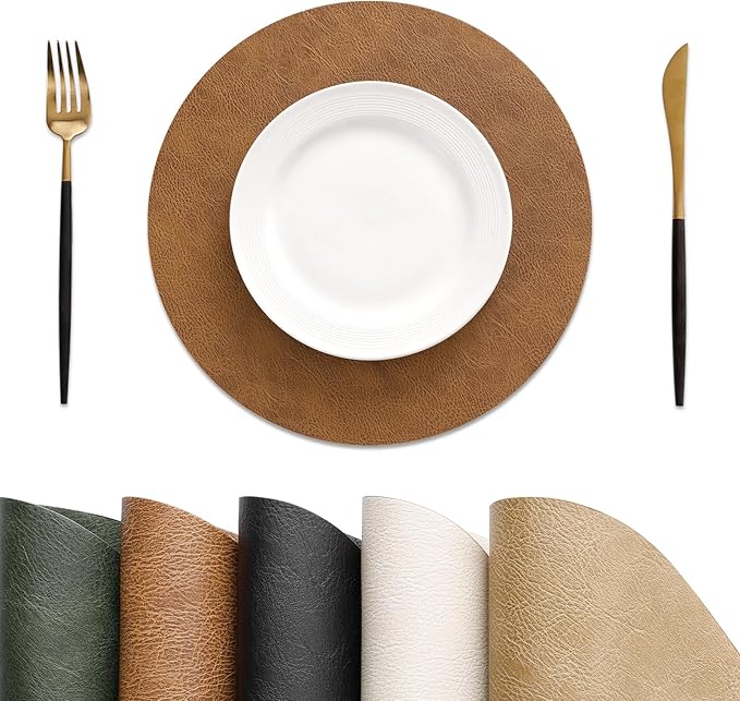 MOSAYT 13 Inch Round Vinyl Placemats Set of 8 - Faux Leather 100% Waterproof Oil-Proof Wipeable PU Place Mats, Heat Resistant Reversible Table Mats for Kitchen, Dining, Outdoor (Reddish Brown)