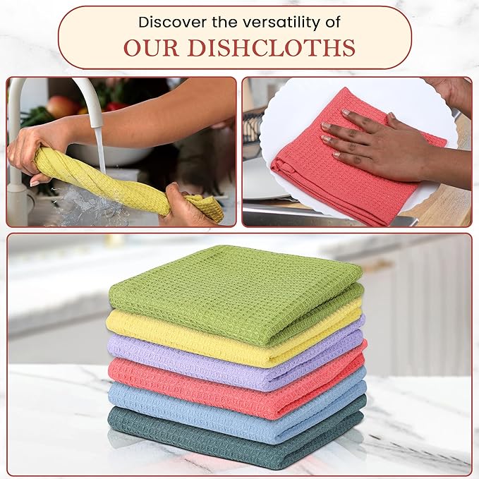 Vintage Vista 100% Cotton Waffle Dish Cloths (Pack of 6) - Dish Rags for Washing Dishes - Reusable & Highly Absorbent Kitchen Towels - Kitchen Rags fo Easter - (12" x 12" - Multicolor I)