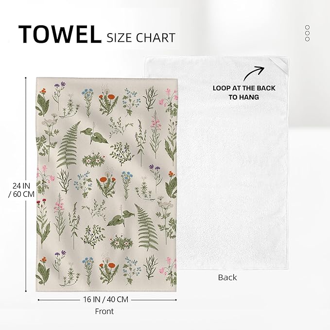 Vintage Floral Kitchen Towels Decorative Set of 2 Sage Green Herbs and Wildflowers Dish Towels Cute Botanic Absorbent Hand & Tea Towel for Kitchen Farmhouse Spring Summer Decor 16"x24"