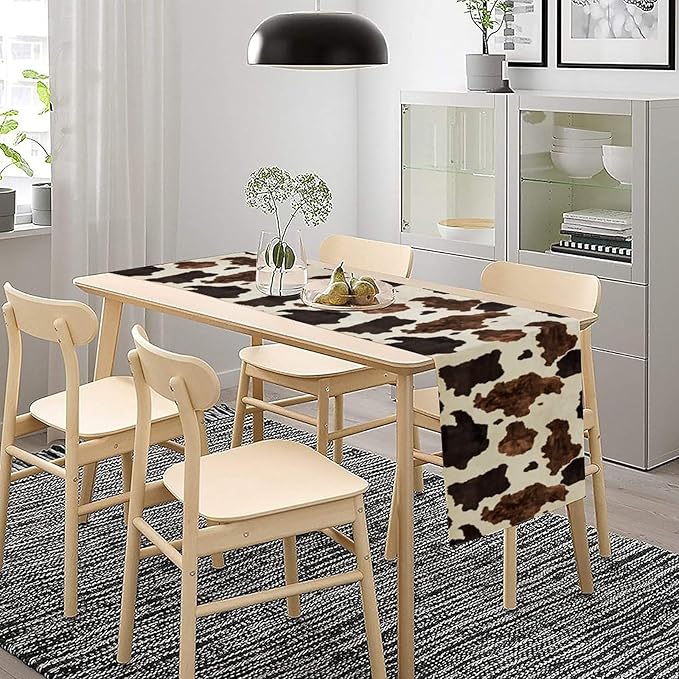 Cow Print Table Runner Country Farmhouse Cottage Cowhide Print Art Printed Runner for Home Kitchen Dining Table Living Room Decor Fabric 1 Panel W13xL70in