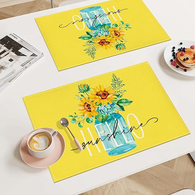 Bloss Yellow Hello Sunshine Sunflower Summer Placemats Set of 6, 12 x 18 Inch Spring Seasonal Holiday Decoration Rustic Vintage Washable Table Mats, Placemats for Dining Table