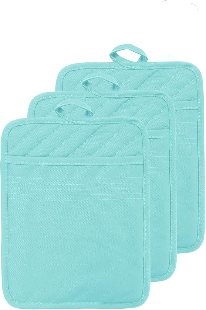 Oven Pot Holder with Pocket Cotton Heat Resistant Coaster Potholder Kitchen Hot Pad Oven Mitts for Cooking Square 7"x9" Set of 3 (Aqua)