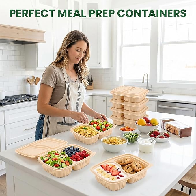 100 Piece (50 Pack) Meal Prep Containers Reusable - 2 Compartment 32 oz Cornstarch Snack Containers with Lids - Plastic Food Storage Salad Containers - To Go Lunch Box - Microwave & Freezer Safe