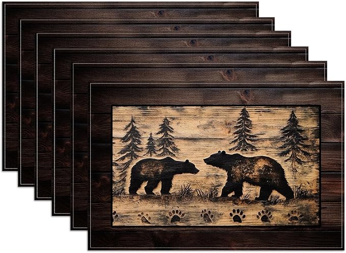 Brown Bear Pine Tree Placemats Set of 6, Wood Grain Linen Place Mat Washable Stain Resistant Table Mats for Farmhouse Kitchen Party 12x18 Inch