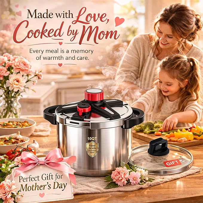 Pressure Cooker 10 QT,18/8 Stainless Steel Pressure Cooker,Olla De Presion,10/15 PSI Settings,One-Hand Locking,Compatibility Gas and Induction Cooktops, Glass Lid included