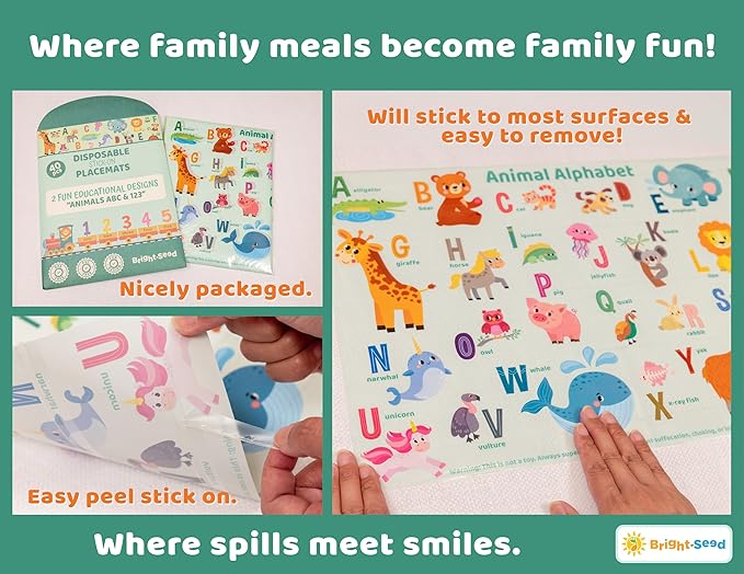 Bright Seed Disposable Placemats for Baby, Toddlers and Kids, 40 Disposable Baby Placemats for Restaurant, Dining Table & Travel, Learning Placemats for Kids, Toddler Travel, Animals ABC & Numbers