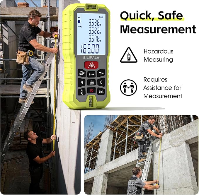 Laser Measure, 165ft Digital Laser Distance Meter with 2 Bubble Levels, 2" Backlit LCD, High Precision Laser Measuring Tool,Area Measurement,Volume and Pythagoras, Mute, Battery Included