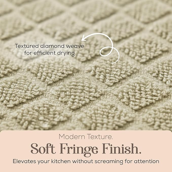 MosJos Kitchen Towels, Set of 4 Hand Towels, Sage Taupe Diamond Pattern Drying Towels 18 x 28 Super Absorbent Cotton Hand Cloths with Fringed Edges, Everyday Essentials Kitchen Linens