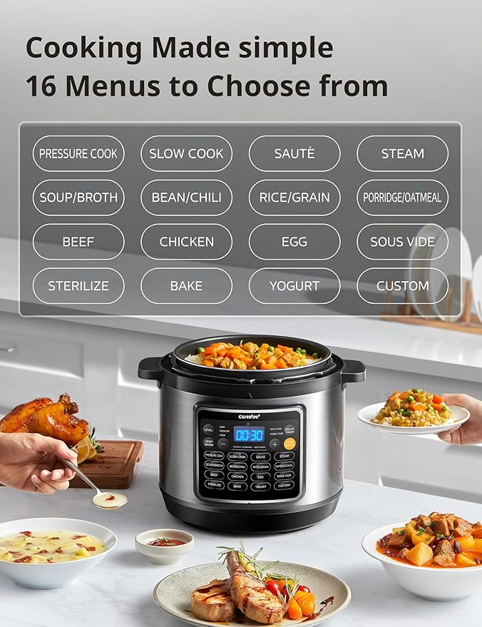 COMFEE’ 16-in-1 Electric Pressure Cooker with Non-Stick Pot for Yogurt, Rice, Slow Cooking, Steaming, and More, 8 Quarts