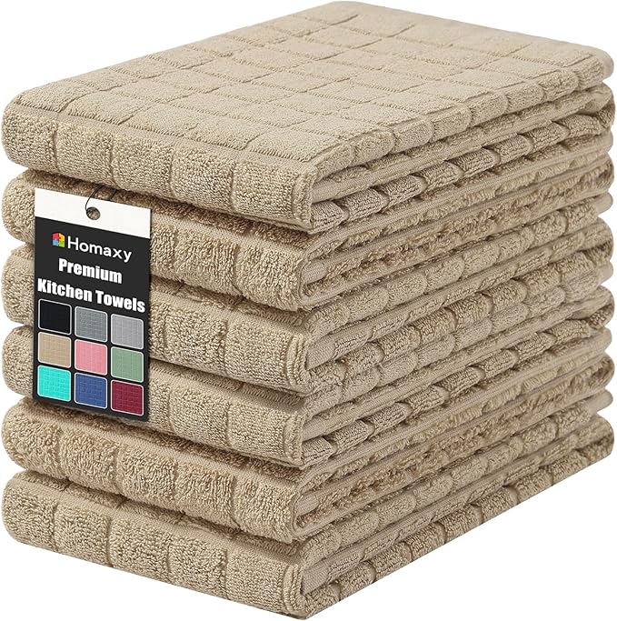 Homaxy Premium Cotton Kitchen Towels 16"x 28", Large Natural Ring Spun 390 GSM Dish Towels, Super Absorbent Terry Kitchen Hand Towels, Soft Tea Towels with Hanging Loop, Pure Tan Design, 6 Pack