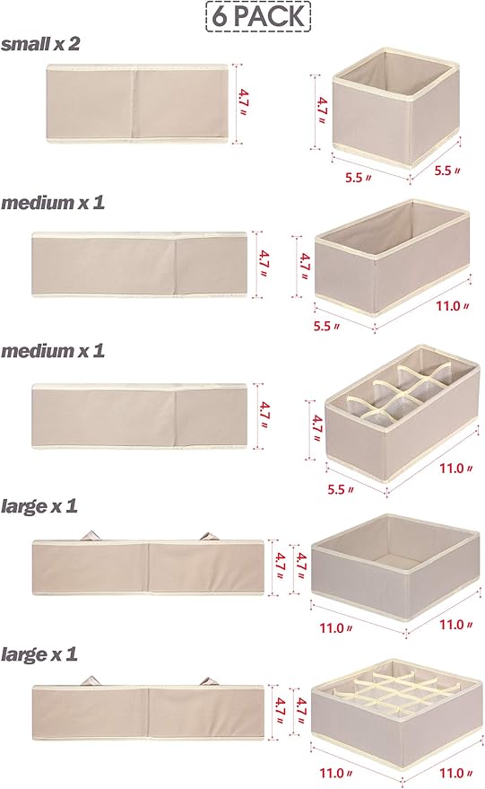 TENABORT 6 Pack Foldable Drawer Organizer Dividers Cloth Storage Box Closet Dresser Organizer Cube Fabric Containers Basket Bins for Underwear Bras Socks Panties Lingeries Nursery Baby Clothes Beige
