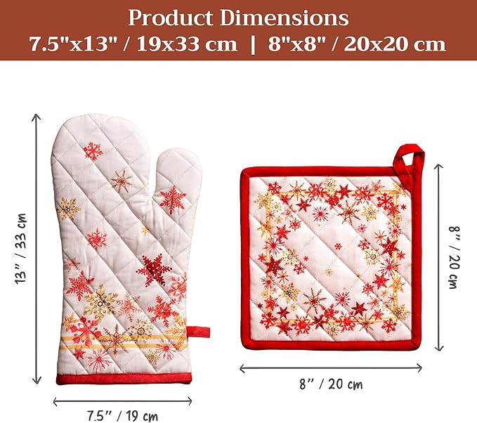 Maison d' Hermine 100% Cotton Oven Mitt & Pot Holder Set (7.5"x13" & 8"x8") Heat Resistant BBQ Cooking Gloves with Loop for Thanksgiving Christmas Decorations Handling Hot Pans (Crystal Star)