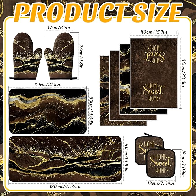 Fourluoo 10 Pcs Kitchen Dish Towels Rugs Oven Mitts and Pot Holders Kit Farmhouse Kitchen Decor Set Gloves Vintage Potholders for Baking Cooking Chef(Brown,Modern)